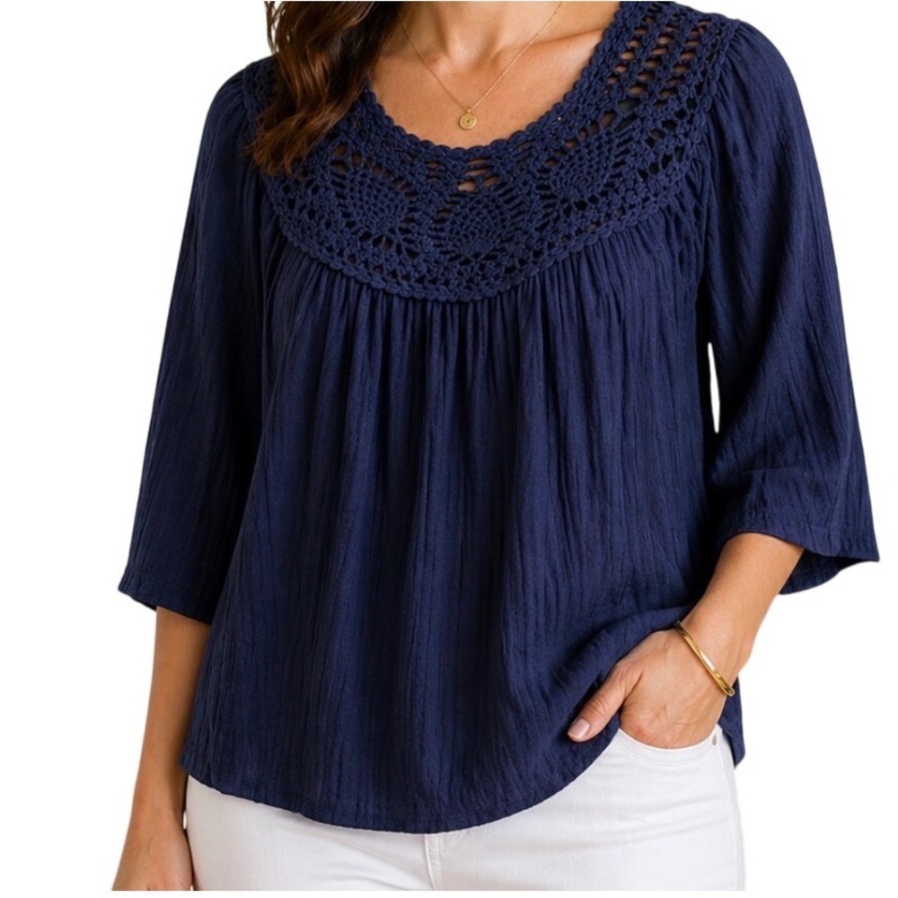 New Directions Peasant Blouse Womens L Navy Blue‎ Excellent Crochet Lace Boho